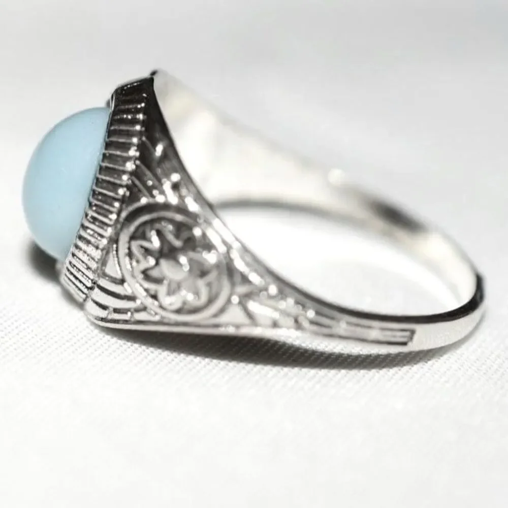 NWOT Soft Baby Blue Oval Smooth Stone Inlay Etched Silver Tone Size 13 Ring
